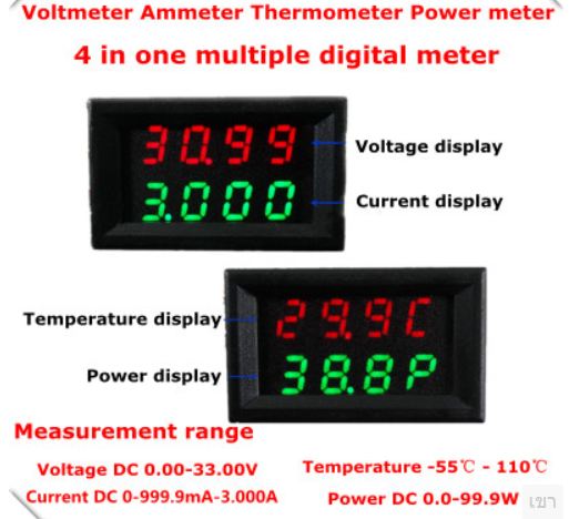 มิเตอร์ 4in1 วัดvolt+วัดแอมป์+อุณหภูมิหม้อน้ำ+แสดงwattที่ใช้งาน แสงสีแดงเขียว